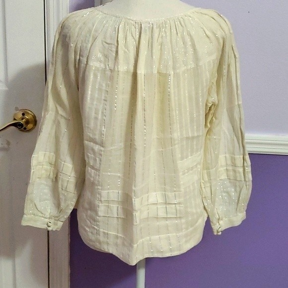 Rebecca Taylor Boho Cream Gauzy Pleated Balloon Sleeves Flowy Peasant Top 6 - Picture 7 of 14